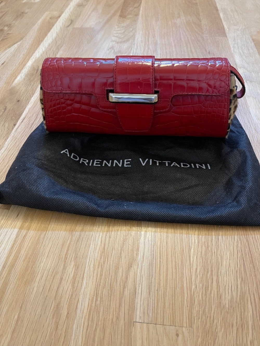 Adrienne Vittadini Deep Red & Animal Print Clutch / Wristlet Bag, Never Used
